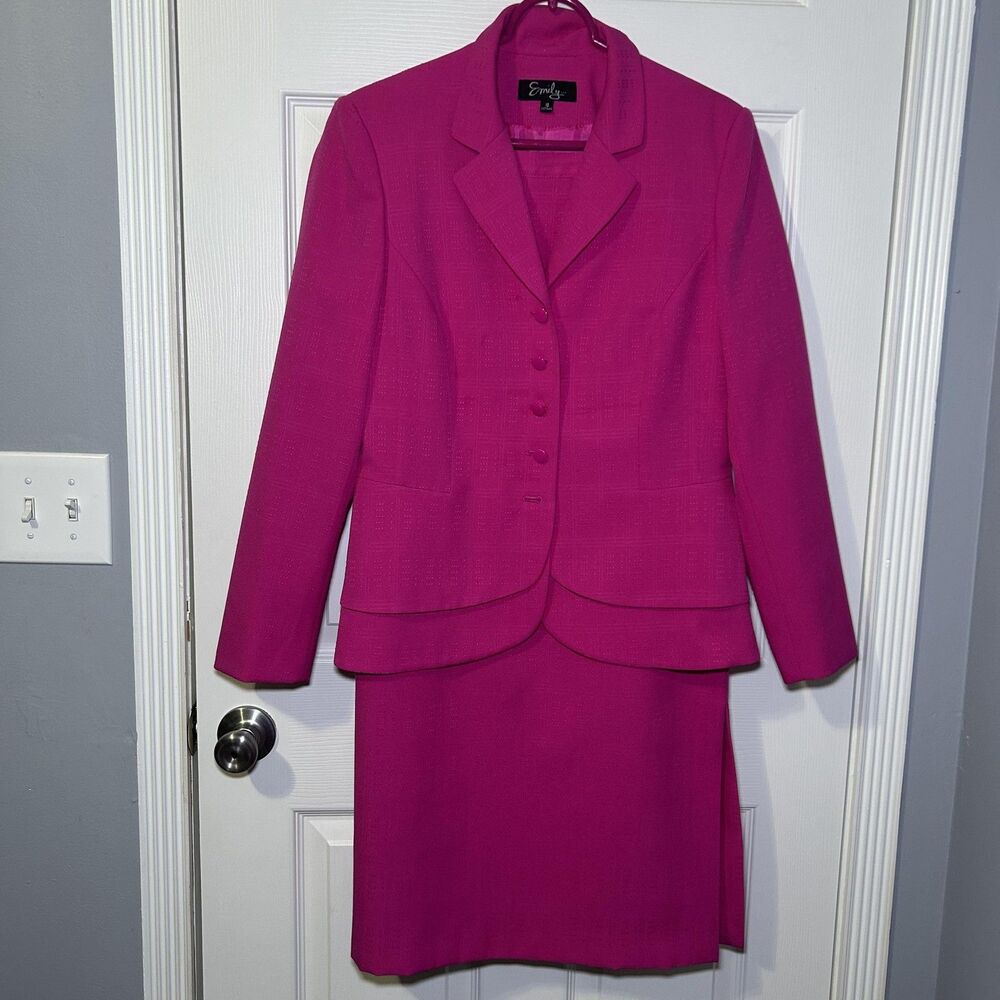 Emily... Skirt Suit Set Women's 10 Pink Jacquard Lined Blazer Career Workwear